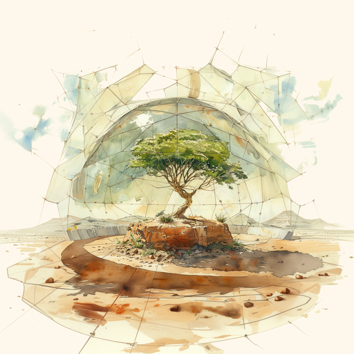 watercolor tree in a biodome drawing