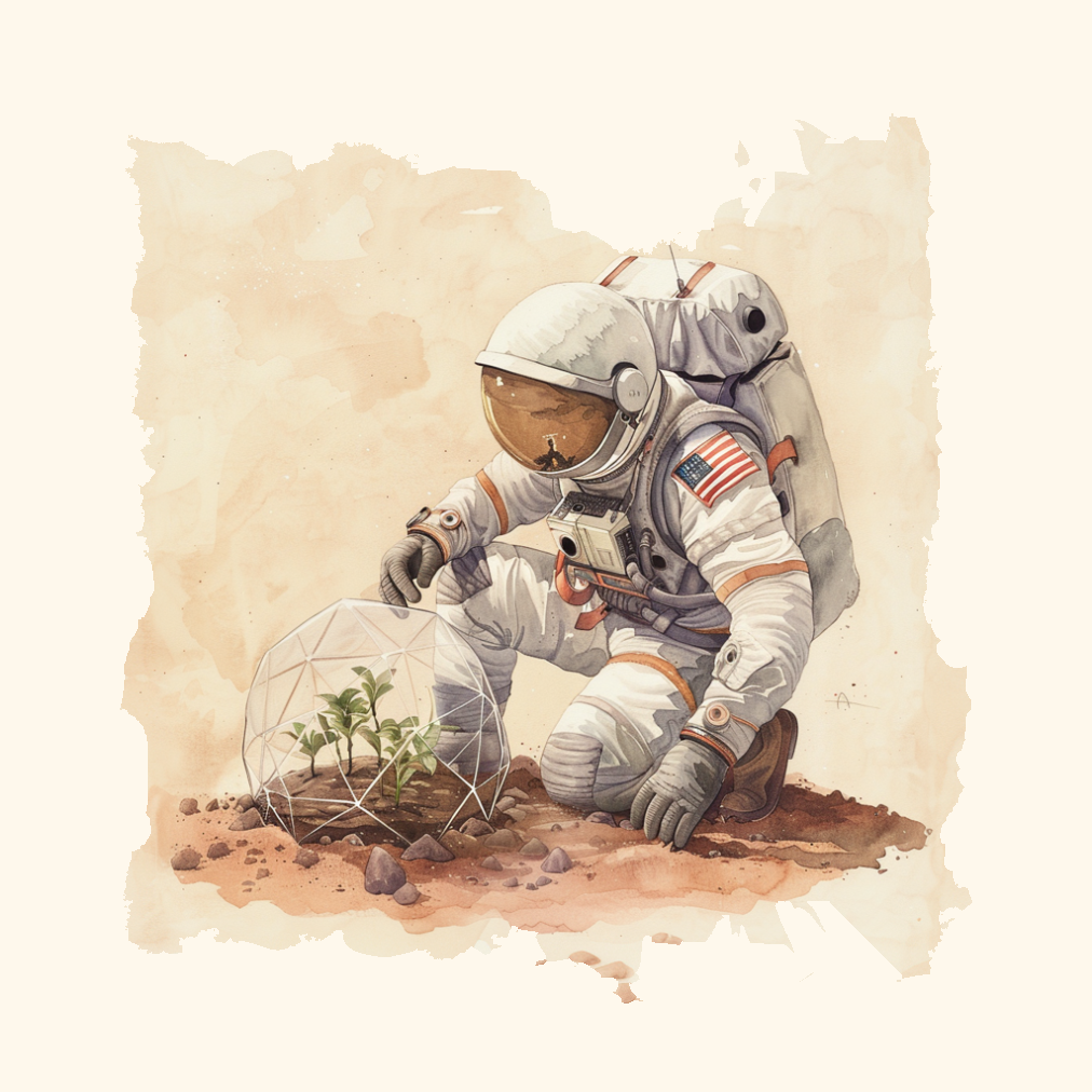 watercolor astronaut planting drawing